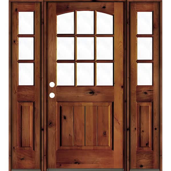 Krosswood Doors 64 in. x 80 in. Knotty Alder Right-Hand/Inswing 9-Lite Clear Glass Red Chestnut Stain Wood Prehung Front Door/Sidelites