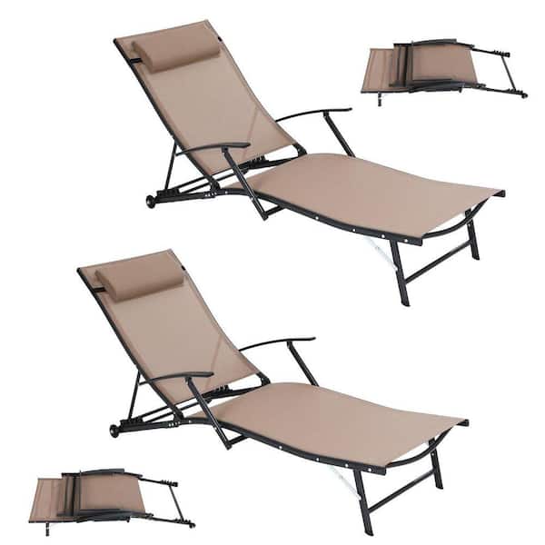 Outdoor Beige Metal Patio Chaise Lounge with Wheels, 5-Position Reclining Chair with Armrests for Beach & Backyard (2P)