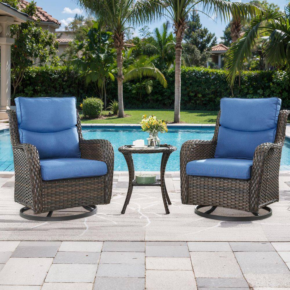 LunaCurve 3-Piece Brown Wicker Patio Conversation Set with 5 in. Olefin Blue Cushions and Swivel Gliders/Side Tables price history on PriceWatchPro