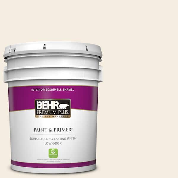 BEHR PREMIUM PLUS 5 gal. #OR-W10 White Flour Eggshell Enamel Low Odor Interior Paint & Primer