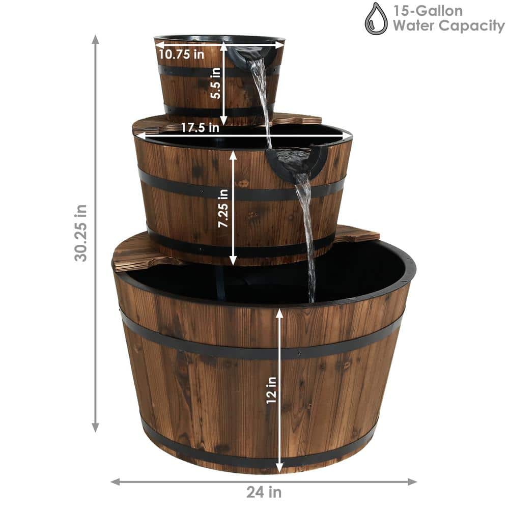 30-Inch Rustic Fir Wood 3-Tier Barrel Outdoor Fountain