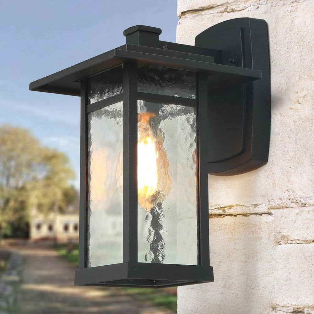 LNC Craftsman 13.5 in. H 1-Light Textured Black Outdoor Wall Lantern Sconce  with Water Glass Shade Exterior Light Fixture A03321 The Home Depot