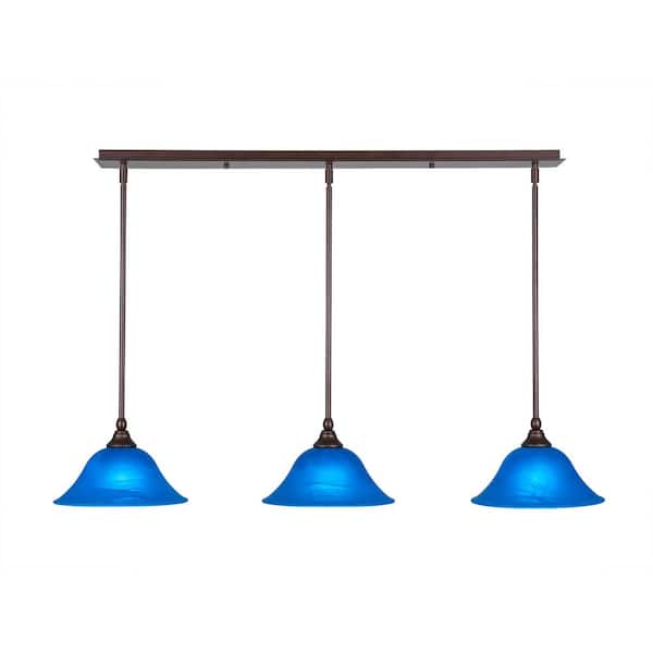 Unbranded Livingston 100-Watt 3 Light Bronze, Linear Pendant Light with 10 in. Blue Italian Glass Shades No Bulbs Included