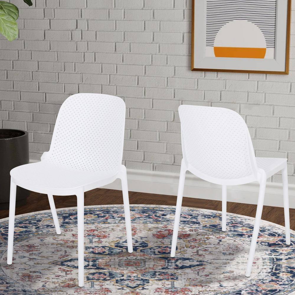 White Plastic Armless Stackable Dining Chairs, Set of 2