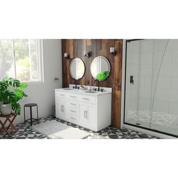 Dexterity 60 in. W x 22 in. D x 34 in . H Oak Vanity with Oval Undermount Sinks - White with White Top