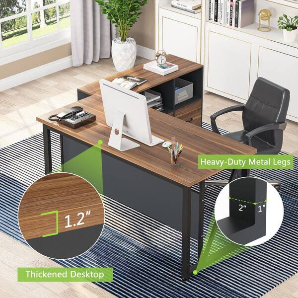 BYBLIGHT Lanita 55.1 in. L Shaped Desk Brown and Black Engineered