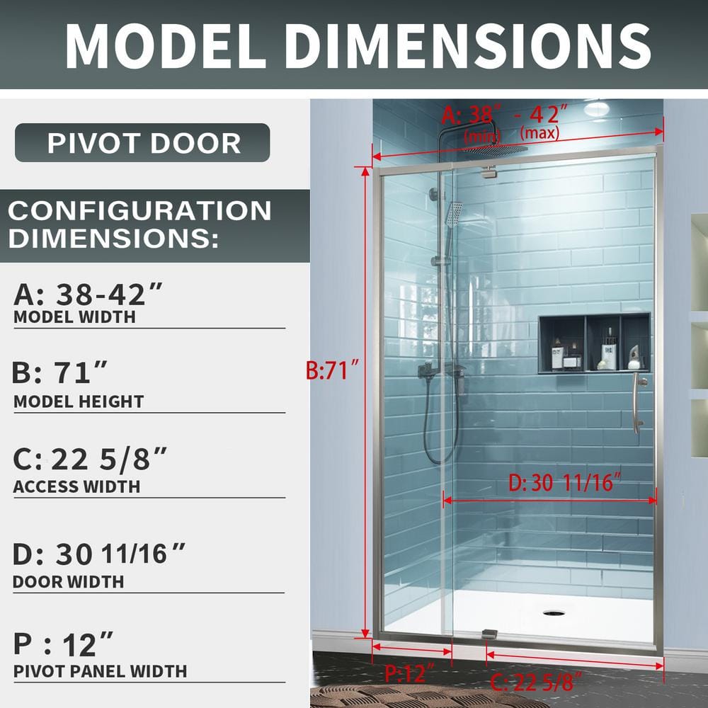 42 in. Brushed Nickel Semi-Frameless Pivot Shower Door
