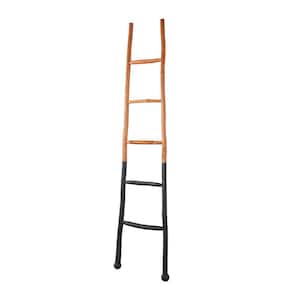 73 in. Tall Brown Handmade Wood 2-Toned Slanted Ladder with Wider Base and Ball Feet
