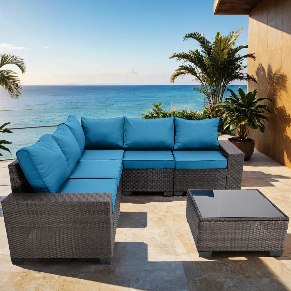 6-Piece Brown Wicker Outdoor Sectional Sofa Set with Peacock Blue Cushions 