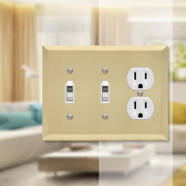 Metallic 3 Gang 2-Toggle and 1-Duplex Steel Wall Plate - Satin Brass