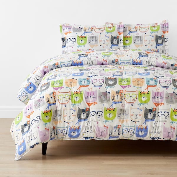 Company Kids Stylish Cats White Multi Organic Cotton Percale Full/Queen Comforter Set