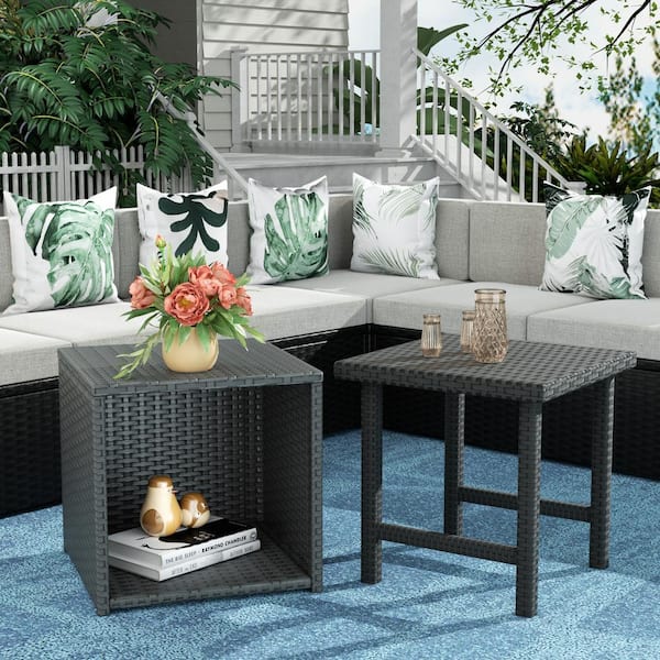 WESTIN OUTDOOR Hudson Black 2-Piece Wicker Outdoor Square Side Table Set