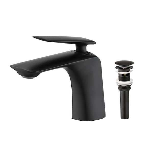 Single Handle Low Arc Single Hole Bathroom Sink Faucet with Pop-up Drain in Matte Black