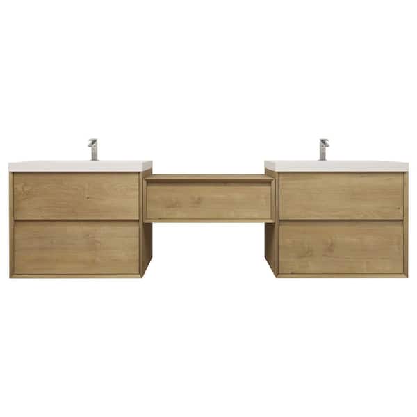Kingdee 106 in. W x 20 in. D x 26 in. H Double Sink Middle Table Counter Bath Vanity in Teak Oak with White Acrylic Top