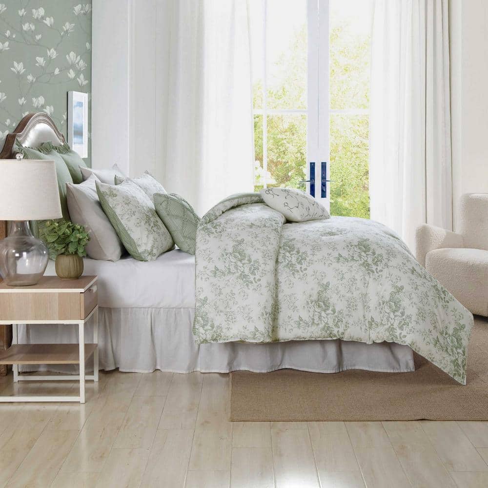 Twin Green Floral Cotton Reversible Comforter Set