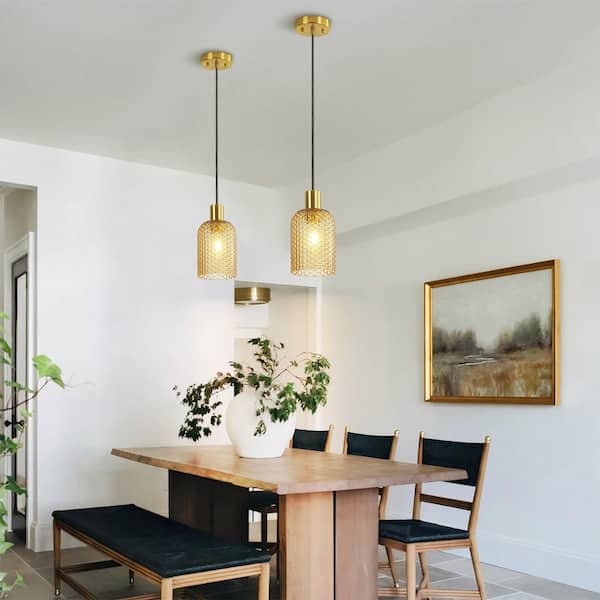 Eleanore 1-Light Modern Gold Cylinder Amber Glass Pendant Light for Kitchen Island/Dining Room