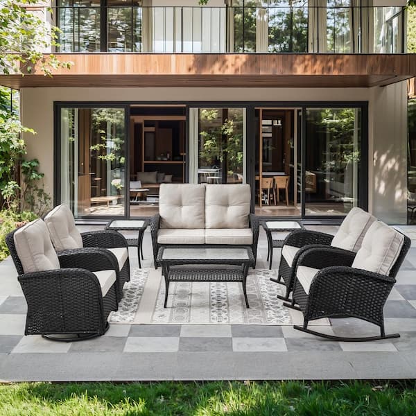 Black 8-Piece Wicker Patio Conversation Set with Swivel Rockers, Outdoor Glider Seating Set with Beige Cushions
