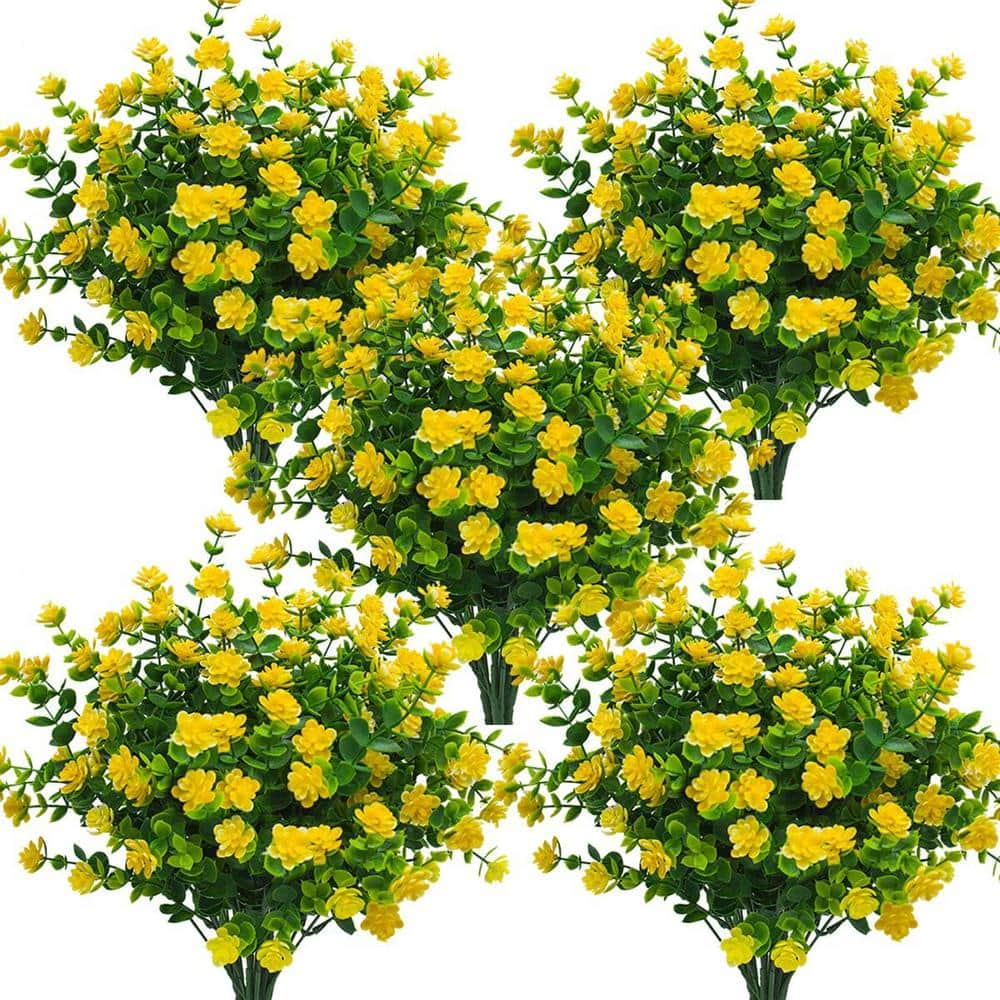 13.39 in. Yellow Outdoor Artificial Eucalyptus Flower 10 Bundles