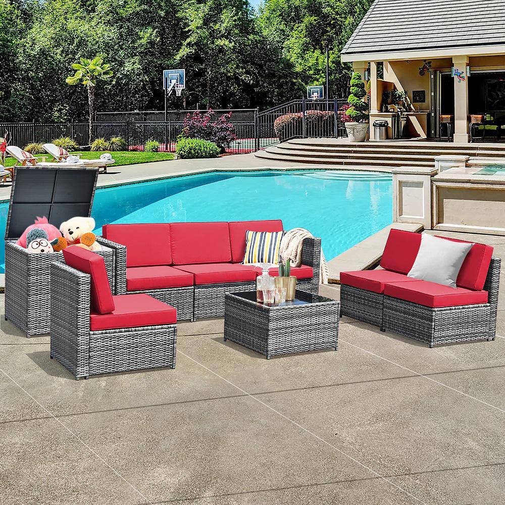8-Piece Red Cushioned Wicker Rattan Patio Sofa Set with Storage Table