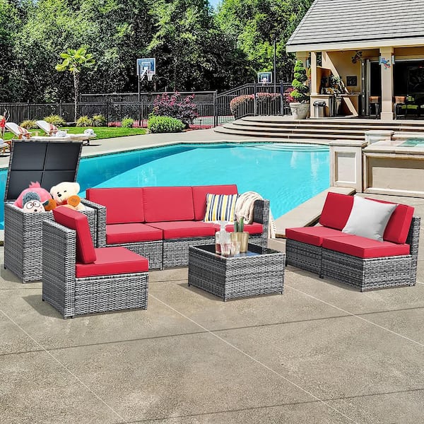 8-Piece Wicker Patio Conversation Set Rattan Furniture Storage Table with Red Cushions