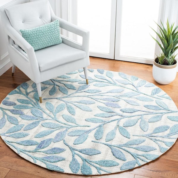 Southampton 6 ft. x 6 ft. Blue Leaves High-Low Round Area Rug