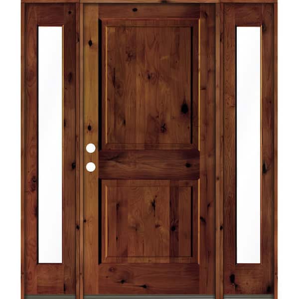 Krosswood Doors 64 in. x 80 in. Rustic Knotty Alder Square Top Red Chestnut Stained Wood Right Hand Single Prehung Front Door