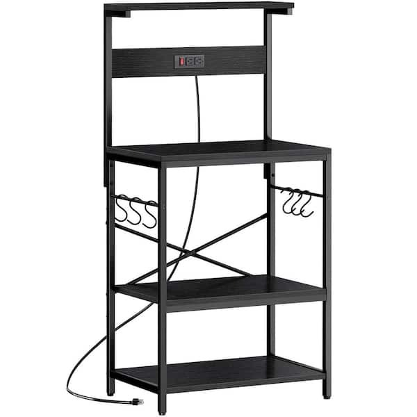 4-Tiers Black Kitchen Bakers Storage Shelf Rack with Power Outlet, Coffee Bar Table, Microwave Stand with 6 Hooks
