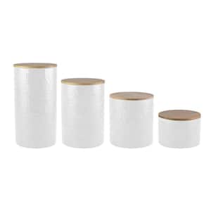 4-Piece Embossed White Stoneware Canister Set with Wood Lid