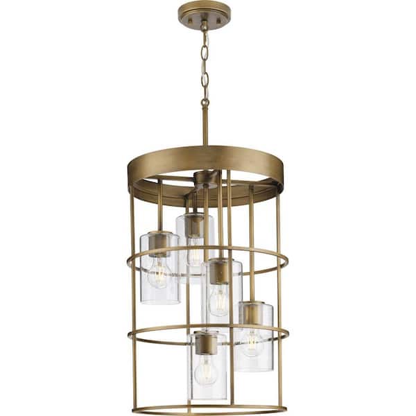 Progress Lighting Burgess Collection 15-1/2 in. 5 -Light Aged Bronze Modern Farmhouse Hall Foyer Light with Clear Seeded Glass Shades