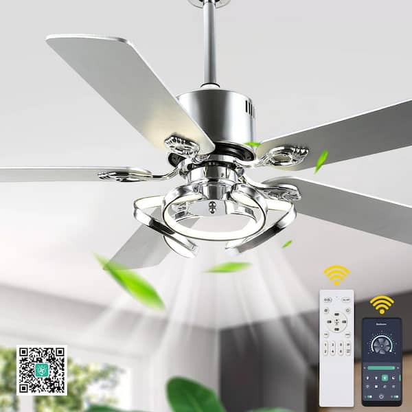 Tranquil 52 in. Smart Control Indoor Chrome 6-Speed Futuristic Modern Ceiling Fan with LED Lights and Remote, Dimmable
