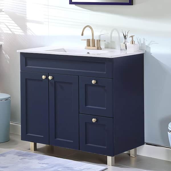 36 in. W x 18 in. D x 33 in. H Single Bath Vanity in Deep Blue with White Ceramic Sink and Ceramic Top