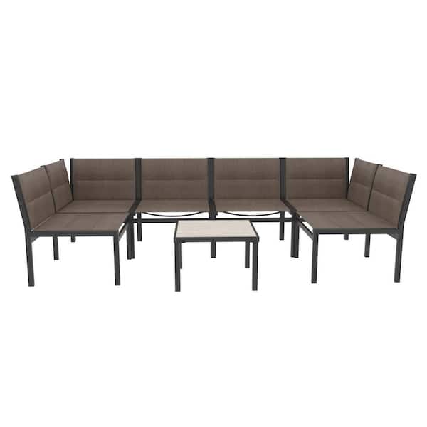 Tenleaf 7-Piece Metal Patio Conversation Set with Brown Seat, Coffee Table