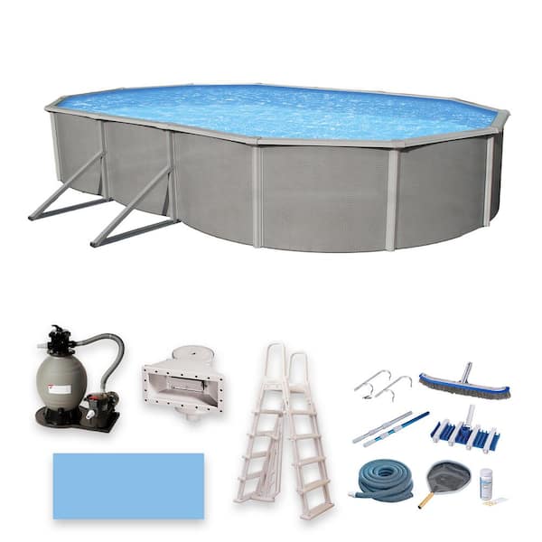 Blue Wave Belize 18 ft. x 33 ft. Oval x 52 in. Deep Metal Wall Above Ground Pool Package with 6 in. Top Rail