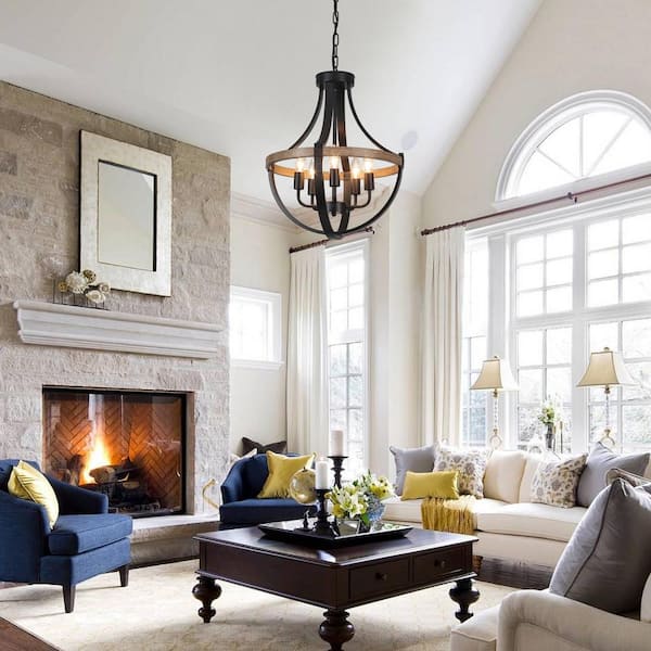 5-Light Natural Vintage Candle Design Hanging Linear Chandelier Lighting for Kitchen Island
