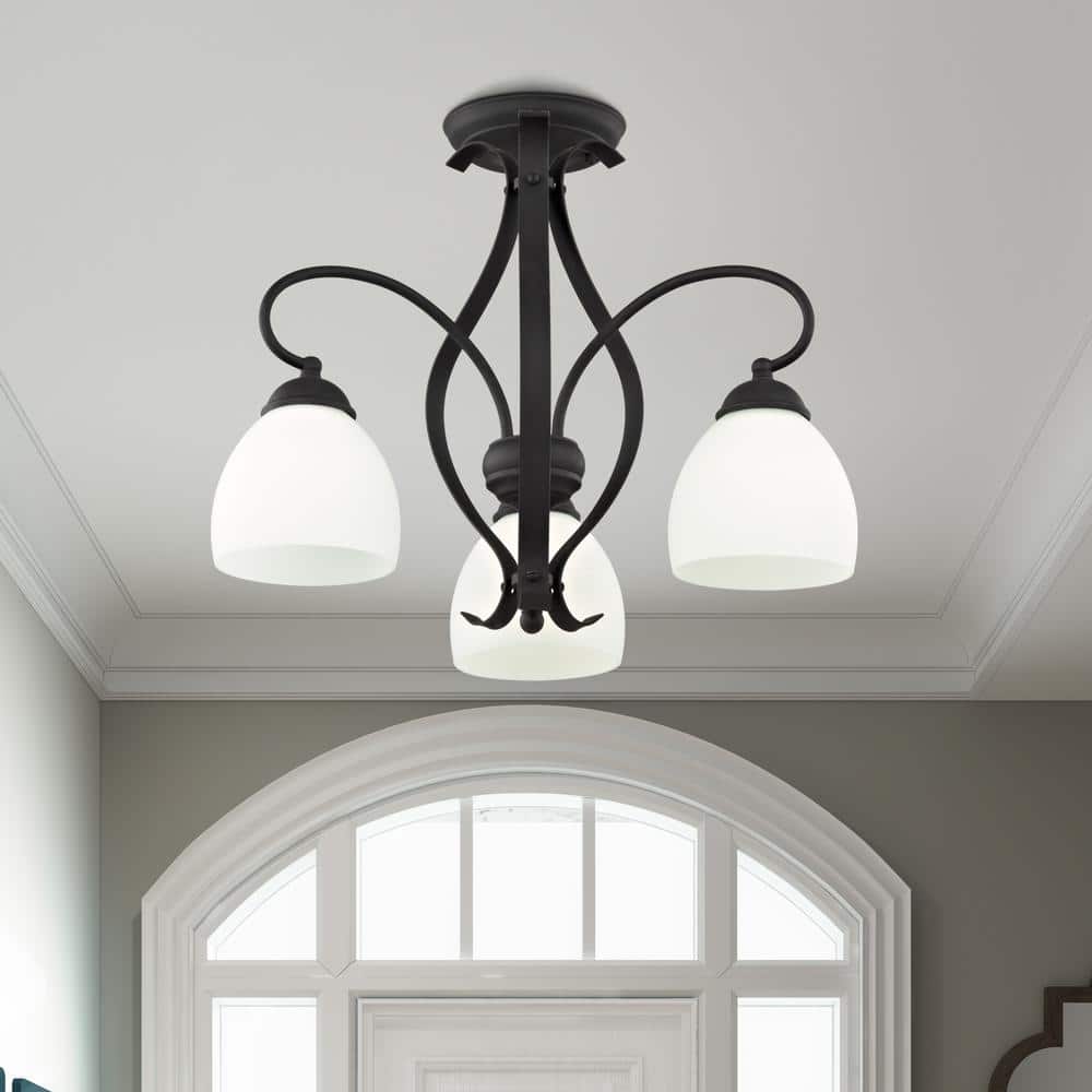 Black 3-Light Convertible Hanging Lantern with Hand Blown Satin White Glass
