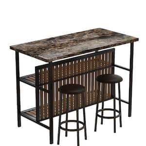 Greenwood Marble Brown Kitchen Island Set with Faux Marble Top and 2 Stools