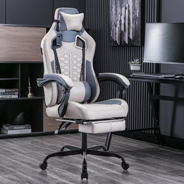CSC DECOR INC Leather Seat Reclining Ergonomic PC Gaming Chair in Grey with Massage Footrest Comfortable Headrest and Lumbar Support