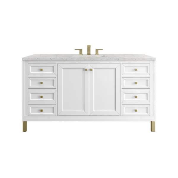 James Martin Vanities Chicago 60.0 in. W x 23.5 in. D x 34 in. H Bathroom Vanity in Glossy White with Eternal Jasmine Pearl Quartz Top