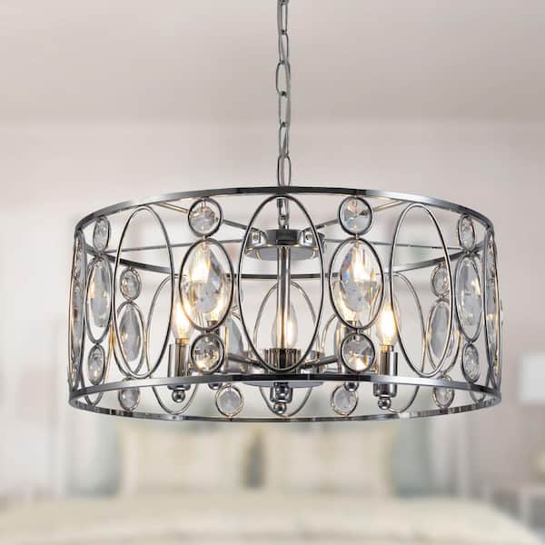 Oaks Aura Fabrizio 20 in. 5-Light Chrome Elegant K9 Crystal Bloom Chandelier, Adjustable Chain Pendant Light for Dining, Bedroom