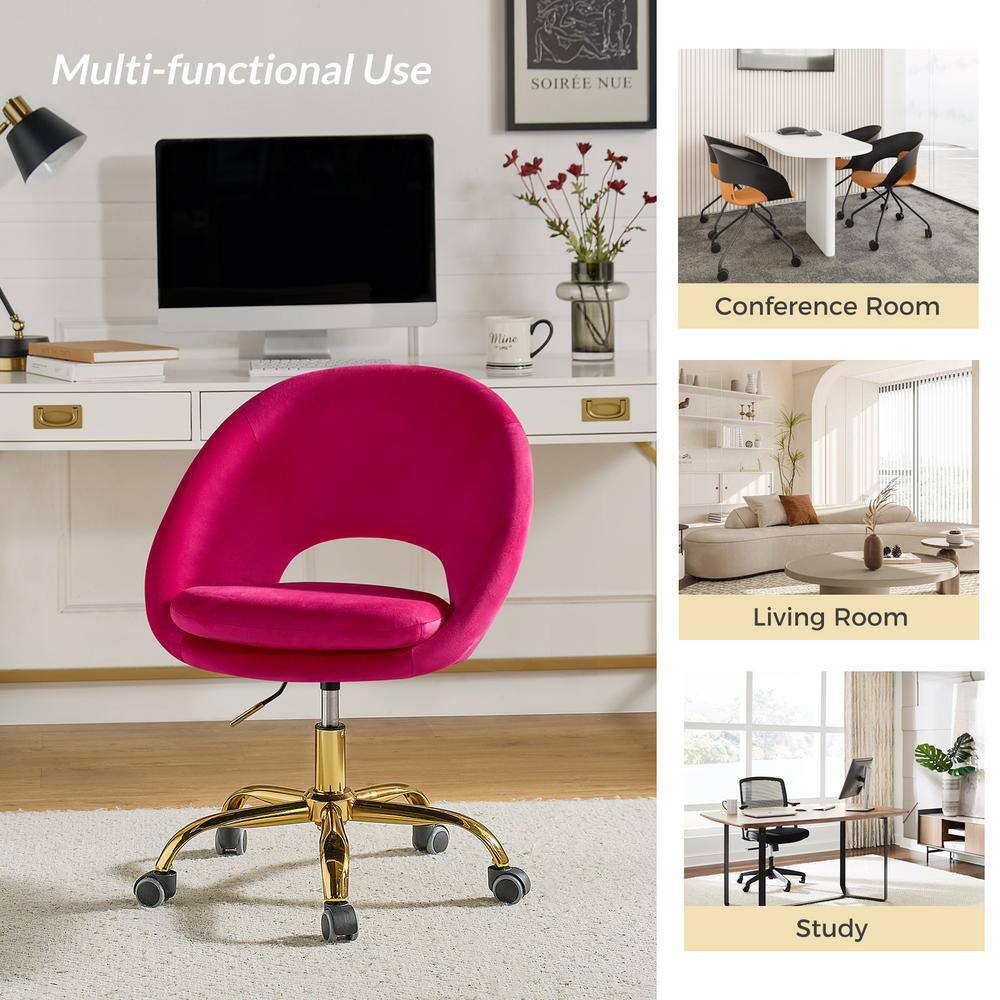 Ergonomic Fuchsia Velvet Swivel Task Chair with Gold Metal Base