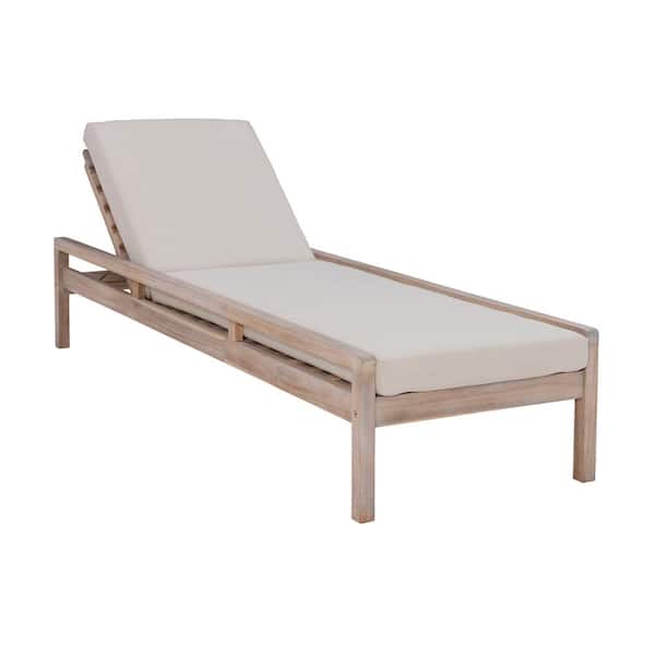 Linon Home Decor Tryton Natural Brown Wood Frame Outdoor Single Chaise Lounger with Beige Olefin Cushions