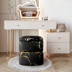 Black 2-Piece Velvet Round Ottoman with Storage Upholstered Sherpa Vanity Stool Ottomans with Removable Lid Foot Rest
