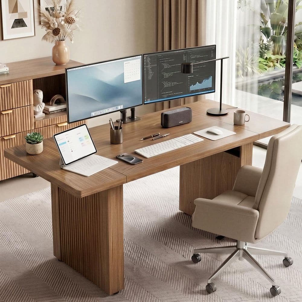 Modern Brown Oak Wood 63 in. Ribbed Pedestal Base Dining Table Seats 6 price history on PriceWatchPro