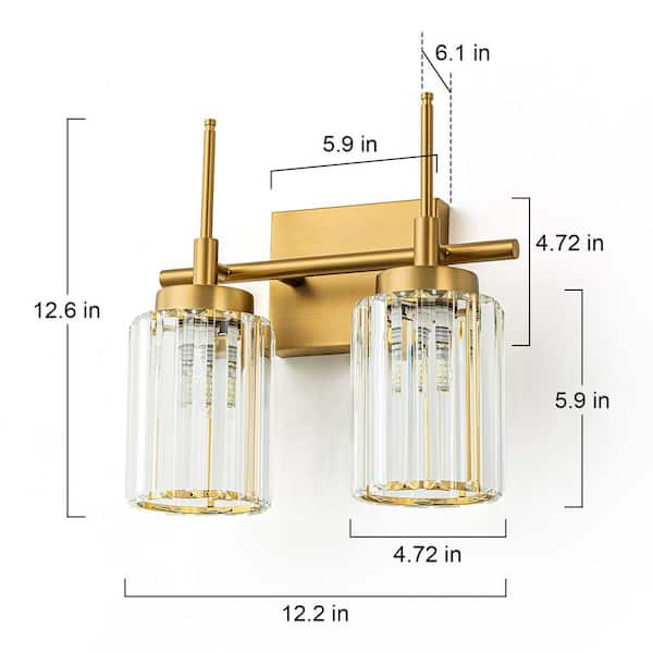 ZYZWMB 12.2 in. 2-Light Brushed Gold Dimmable Crystal Bathroom