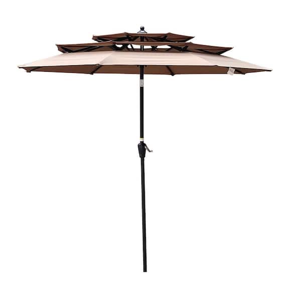 GAWEZA 9 ft. Octagon Steel Market Tilt Patio Umbrella in Mushroom with 3-Tiers Vent and Crank for Garden Backyard Pool Swimming