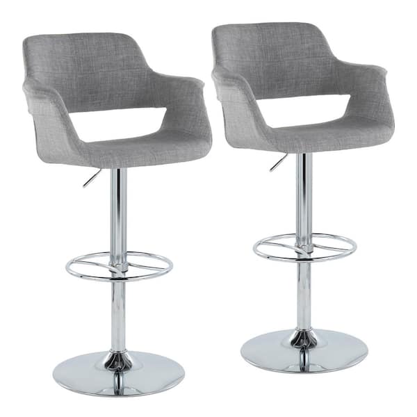 Lumisource Vintage Flair 47 in. Light Grey Fabric and Chrome Metal High Back Adjustable Bar Stool with Wheel Footrest (Set of 2)