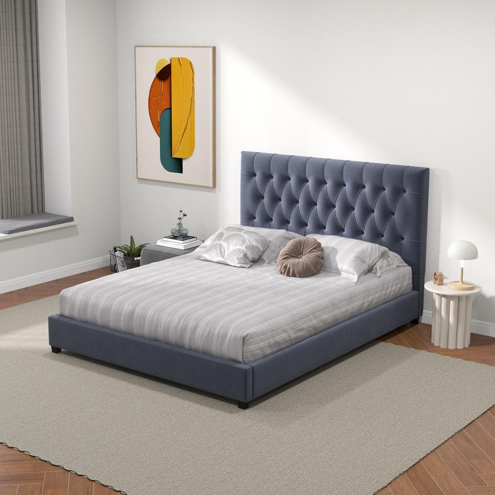 Gray Velvet Upholstered Queen Platform Bed with Tufted Headboard