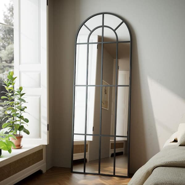 Black 25 in. W x 69 in. H Arched Windowpane Modern Aluminum Alloy Framed Full Length Mirror Floor Mirror