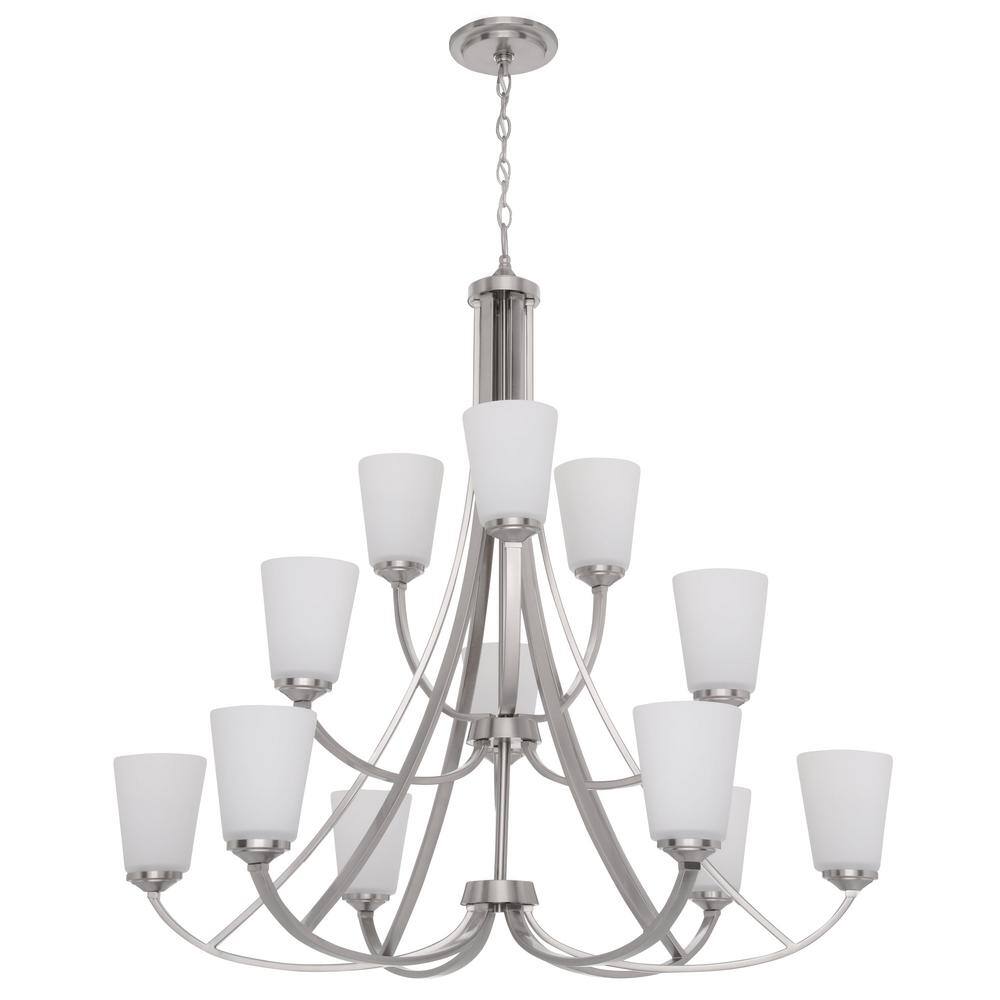 Contemporary Elegance Brushed Nickel 12-Light Chandelier with Etched White Glass