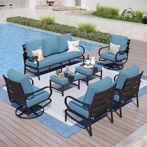 Black Slatted 9-Seat 7-Piece Metal Outdoor Patio Conversation Set with Denim Blue Cushions, 2 Swivel Chairs, 2 Ottomans